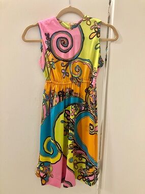 Norman Sacks 1960s Vintage Nylon Mod Hippie Print Sleeveless Dress Sz 7 S AS IS